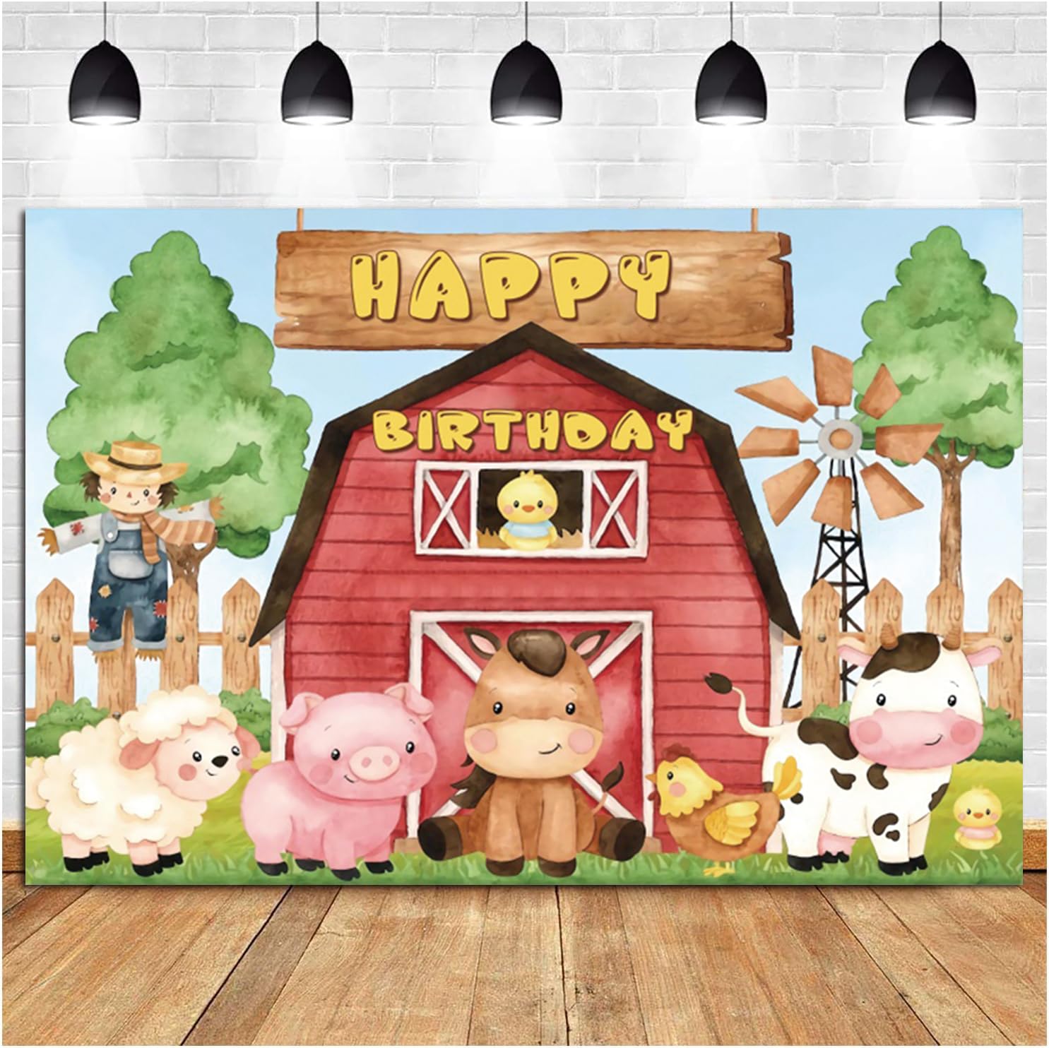 Photo 1 of 7x5ft Farm Red Barn Backdrop Kids Birthday Party Banner Cartoon Farm Animals Photography Background Boys Girls Birthday Party Cake Table Decorations Supplies Photo Booth Props