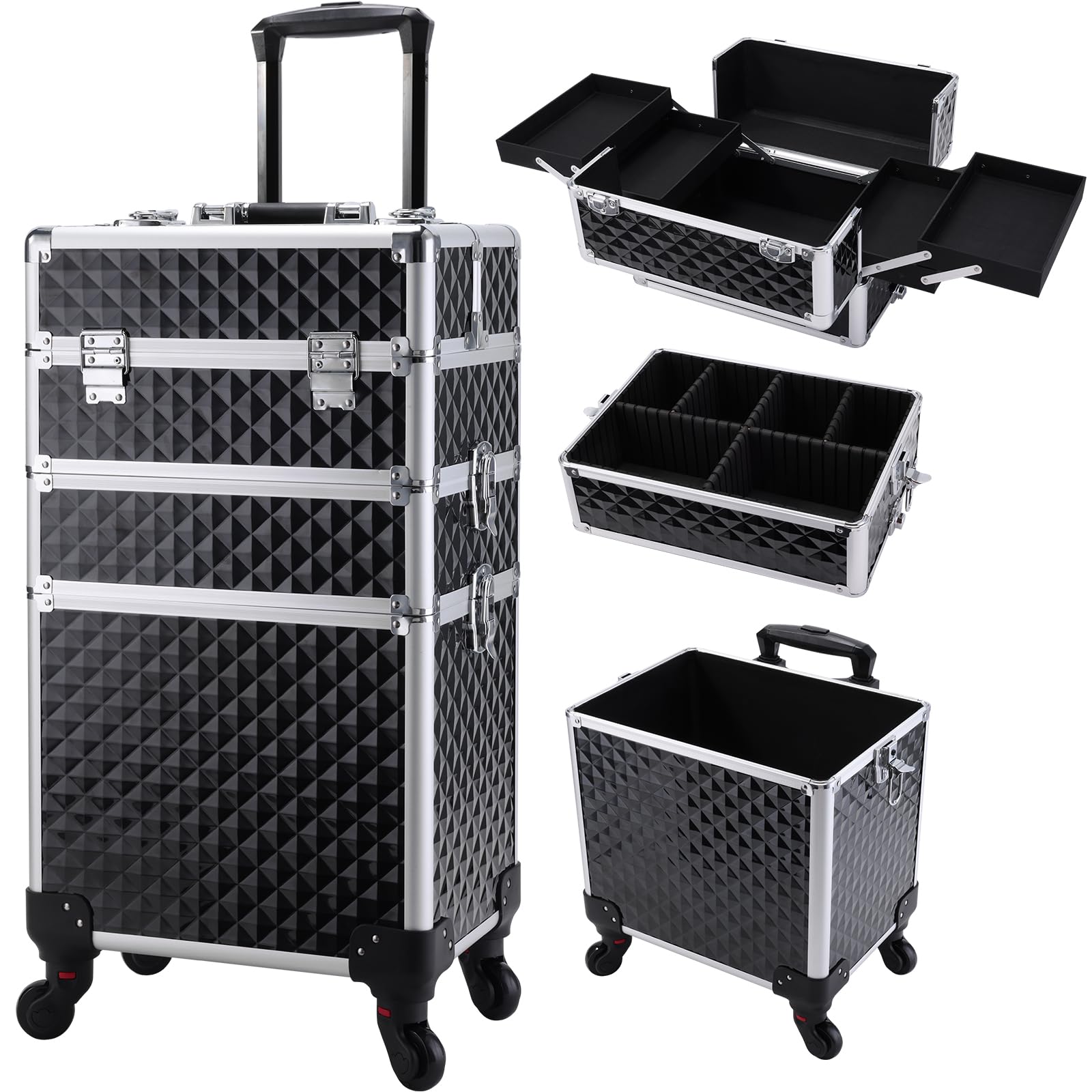 Photo 1 of ***MISSING WHEELS***** FRENESSA 3 in 1 Rolling Makeup Train Case Professional Cosmetic Trolley Large Storage with Keys Swivel Wheels Salon Barber Case Traveling Cart Trunk for Make Up Hairstylists Nail Tech, Vintage Black