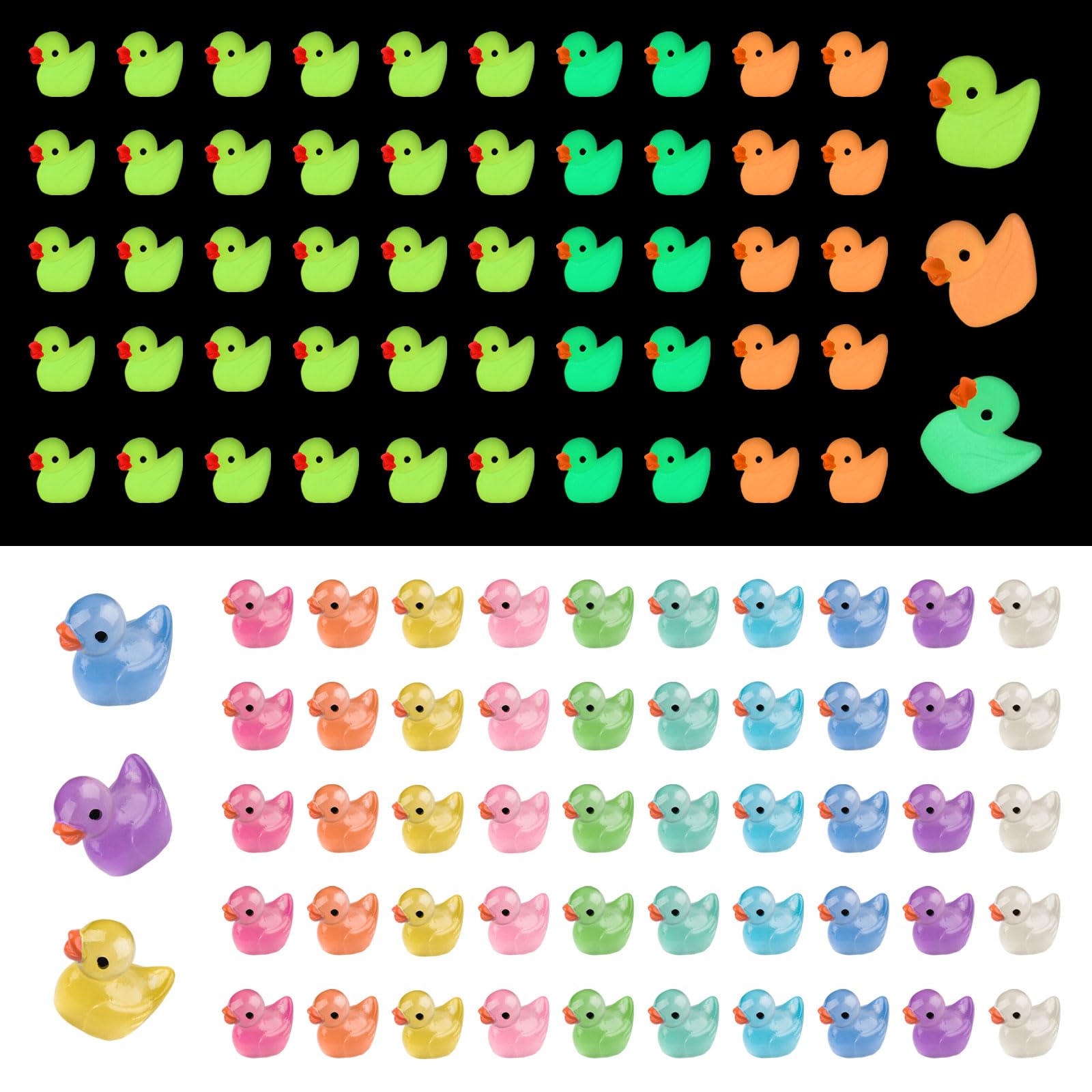 100PCS Mini Resin Ducks, Colorful Luminous Tiny Ducks, Cute Little Ducks, Duck Ornaments, Miniature Duckies Figures Kit for Aquarium Garden, Garden Party, Dollhouse Deracoration DIY Craft(10 Colors)