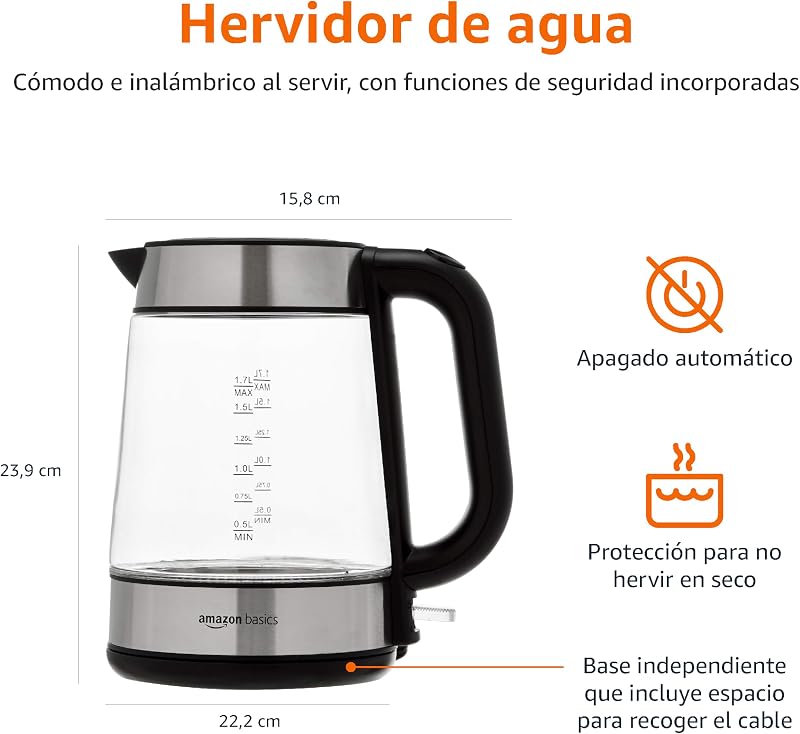 Chaleira elétrica de vidro, 1.7 l, 2200W, Preto, Prateado