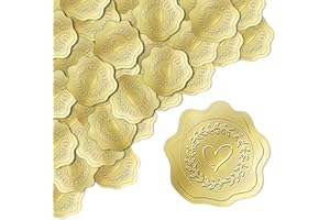 100 Pcs Gold Embossed Wax Seal Looking Heart Envelope Seals Stickers Heart & Wheat Ear Envelope Seals Self Adhesive Envelope 
