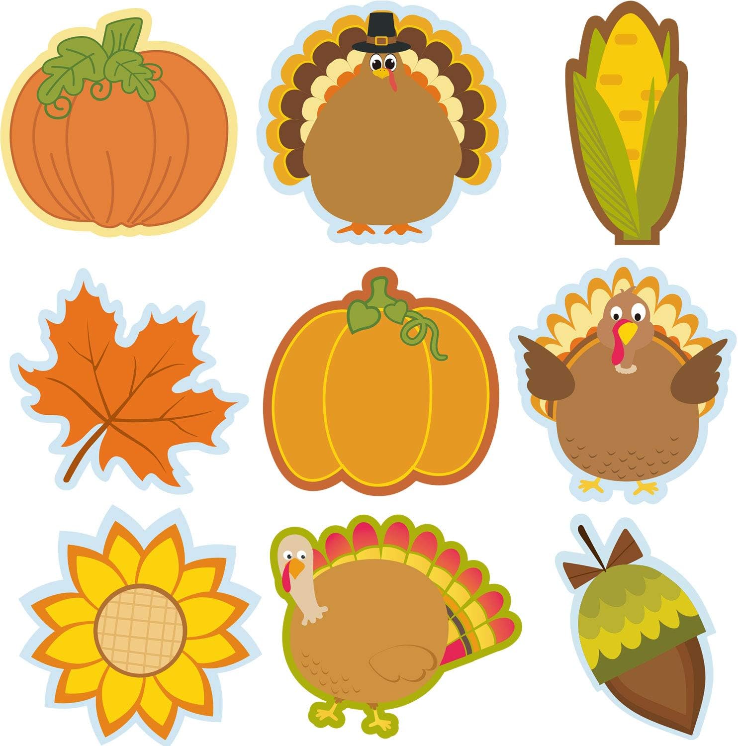 45 Pieces Thanksgiving Cutouts Fall Classroom Decoration, Fall Mix Colorful Cutouts Turkey Pumpkin Maple Leaves Acorn Corn Sunflower Cutouts with 100 Piece Adhesive Glue Point Dots Fall Theme Name Tag