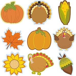 45 Pieces Thanksgiving Cutouts Fall Classroom Decoration, Fall Mix Colorful Cutouts Turkey Pumpkin Maple Leaves Acorn Corn Sunflower Cutouts with 100 Piece Adhesive Glue Point Dots Fall Theme Name Tag