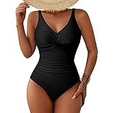 Pink Queen Women One Piece Swimsuit 2026 Patchwork Twist Front V Neck Ruched Tummy Control Swimwear Bathing Suits