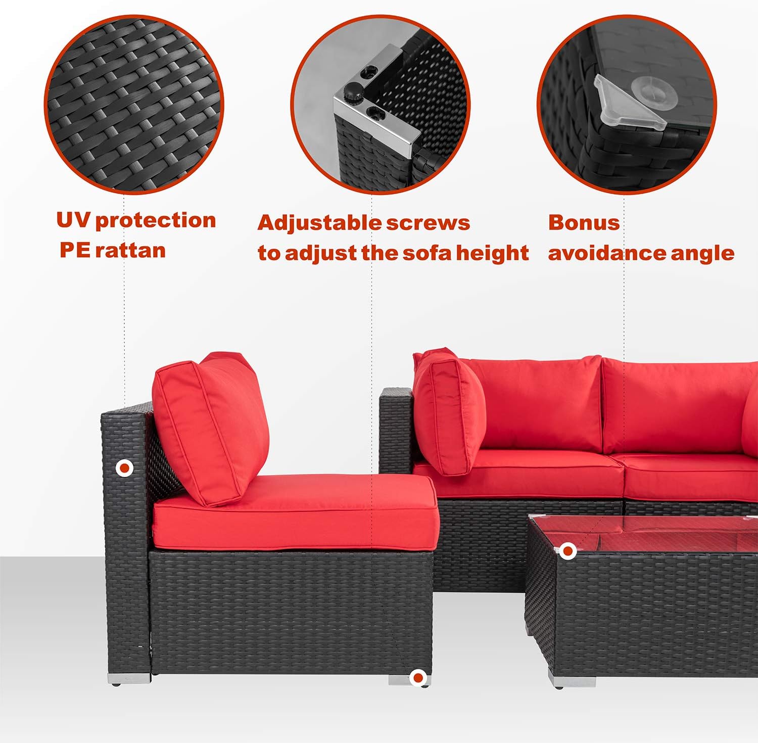 Walsunny 5pcs Patio Outdoor Furniture Sets, Low Back All-Weather Rattan Sectional Sofa with Tea Table&Washable Couch Cushions (Black Rattan) (Red) : Garden & Outdoor