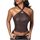 Verdusa Women's Y2K Lace Up Backless Leather Halter Top Rave Club Going Out Tops