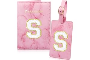GIESIERY Pink Passport Cover Cute Passport Book Holder for Travel Luggage Tag Set with Initial Monogram Letter Marble Airplane Travel Essentials Personalized Cruise Accessories Trip Favor Gifts for Women Girls