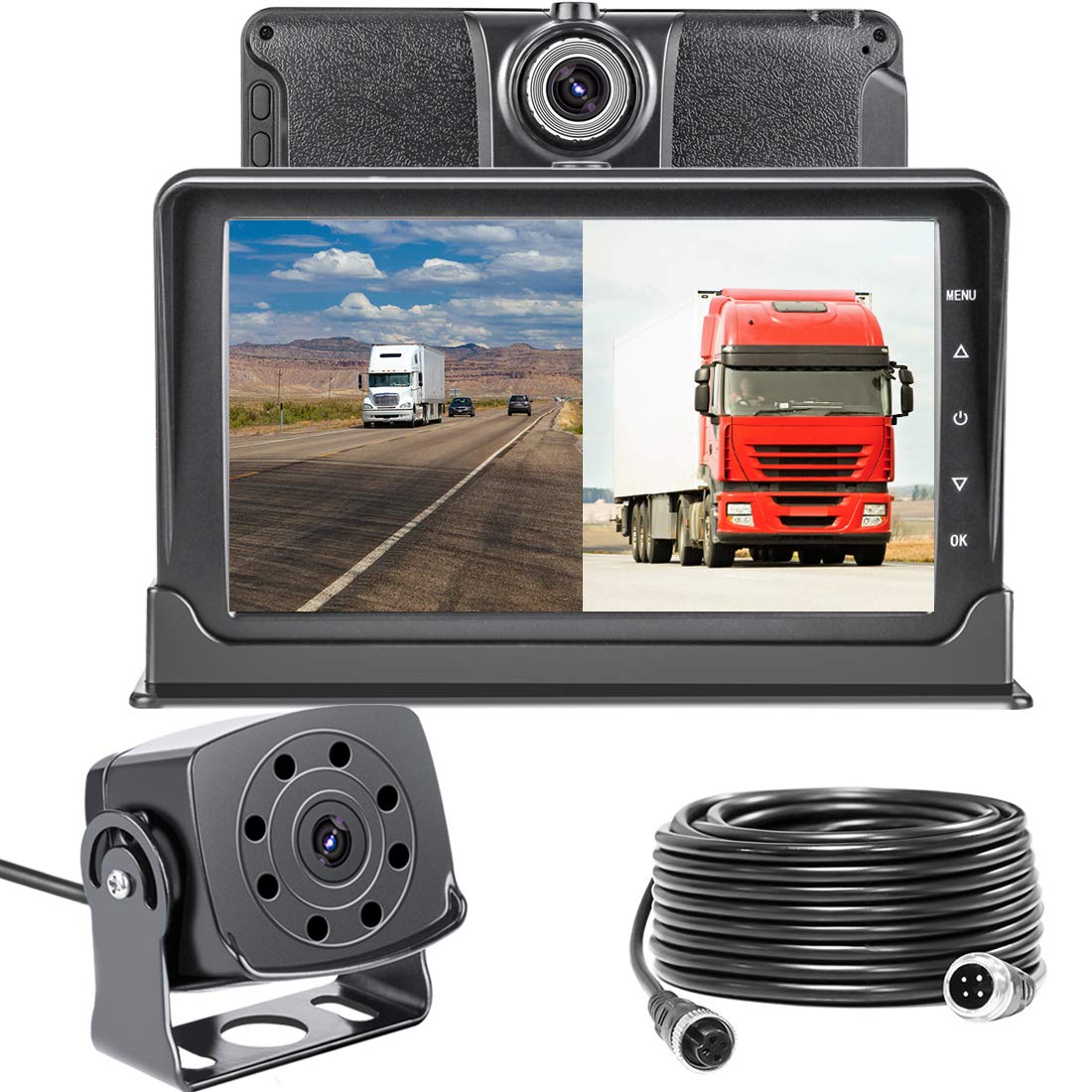 Dash Cam Front and Rear,Homder 7'' Monitor Front Lens with G-Sensor/Loop Recording/Motion Detection,IP69 Night Vision Rear View Camera Reversing Backup Camera for Trucks,Bus,Van,RV,Trailer