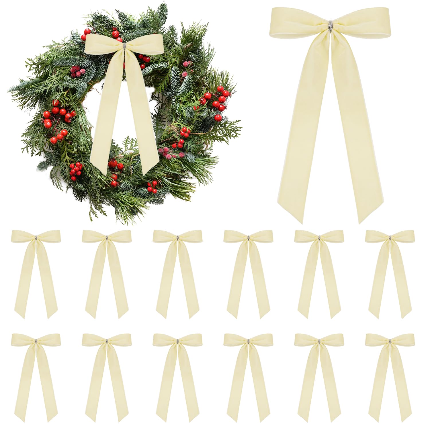 Photo 1 of 12 Pcs Velvet Christmas Bows - 6.3''x9.84'' Vintage Ribbon Bow Rustic Bowknot Ornaments for Xmas Tree,Gift Wrapping,Garland,Wreath,Fireplace,Staircase, Wedding, Home Decoration (12, Cream White)