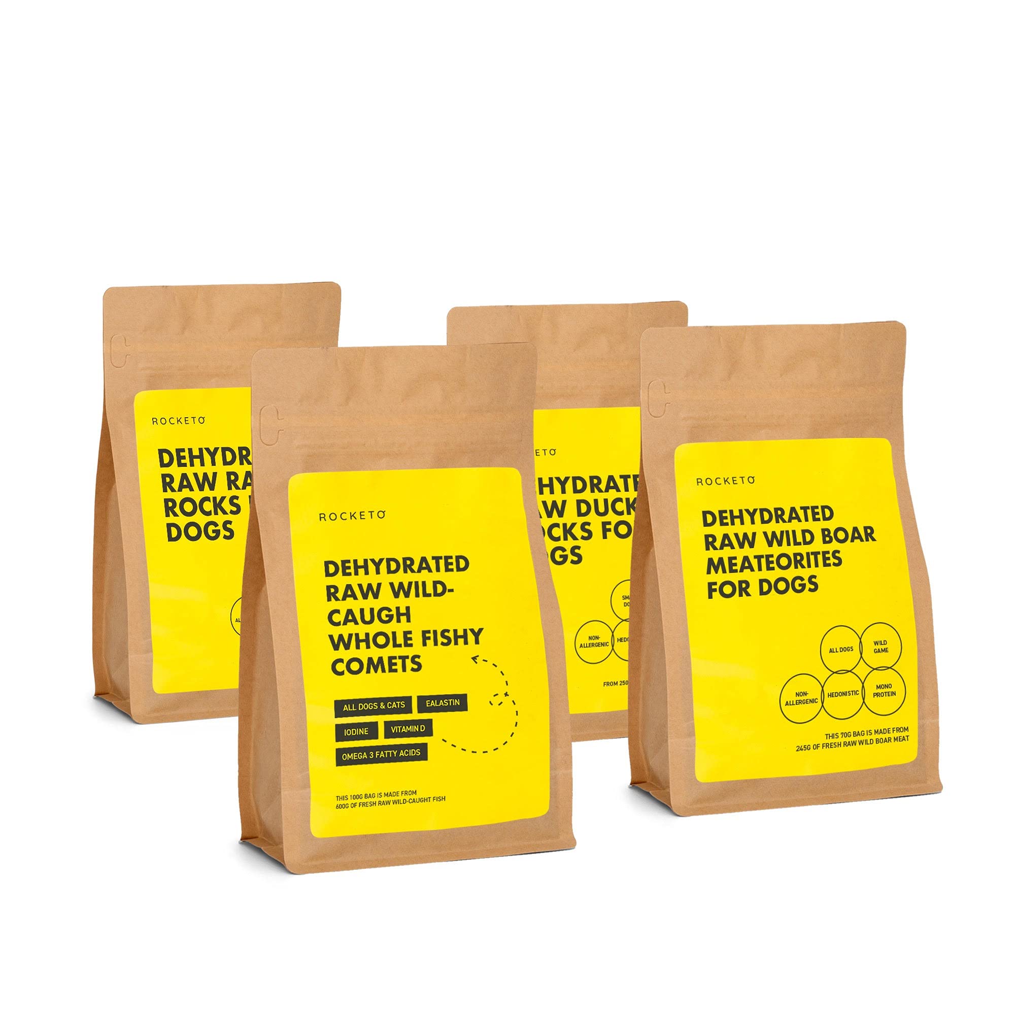 ROCKETO Raw Dehydrated Wild Game Dog Treats | Value Variety Pack: Boar, Duck, Rabbit, Fish | 3x70g, 1x100g | Zero Synthetics | Grain Free | Low-Carb | Training | Single Protein