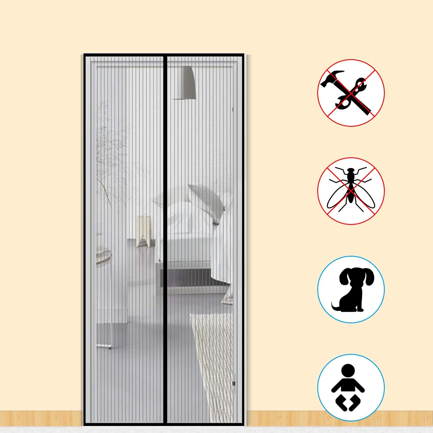 Zalava Fly Screen Door, Magnetic Insect Door Screen, Mesh Curtain for Patio Balcony Living Room, Easy to Install, Without Drilling (90x210 cm, Black)