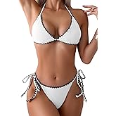 Fanuerg Women's Ribbed Triangle Bikini Sets Whip Stitch Halter 2 Piece Swimsuits Color Block Side Tie Bathing Suit