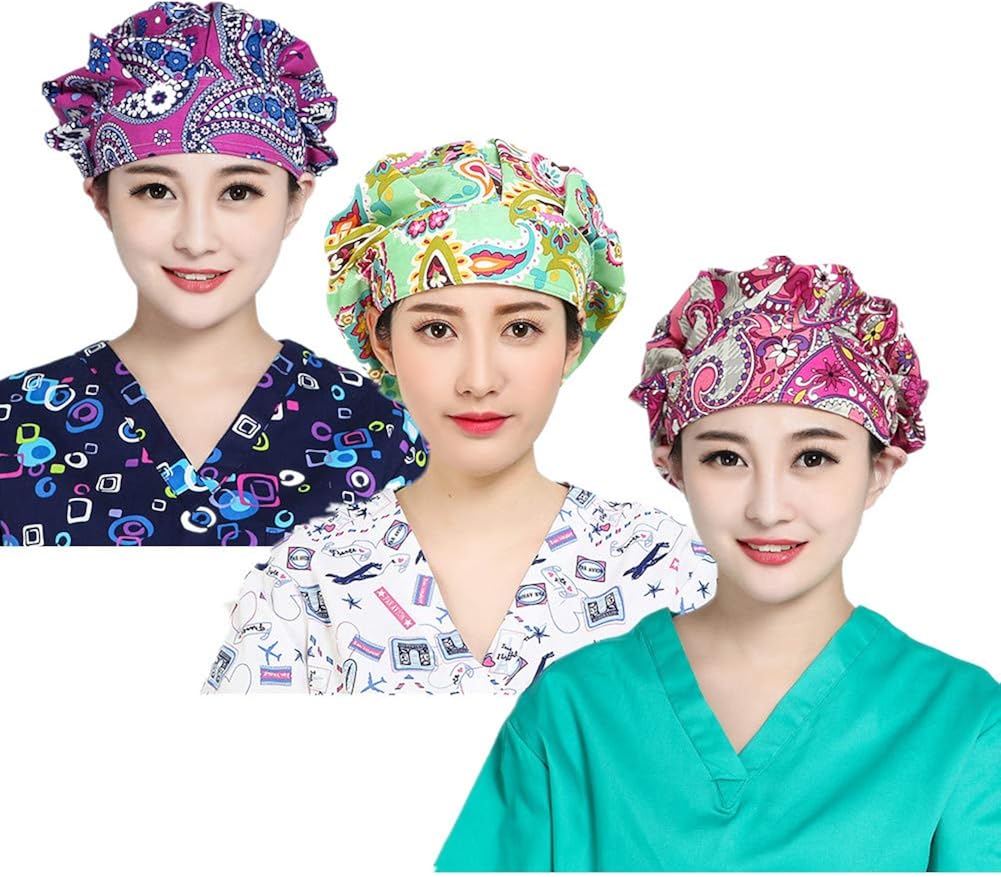 LTifree 3pc Women's Adjustable Bouffant Caps Hats Working Cap Sweatband Value Set Multi Color: Clothing
