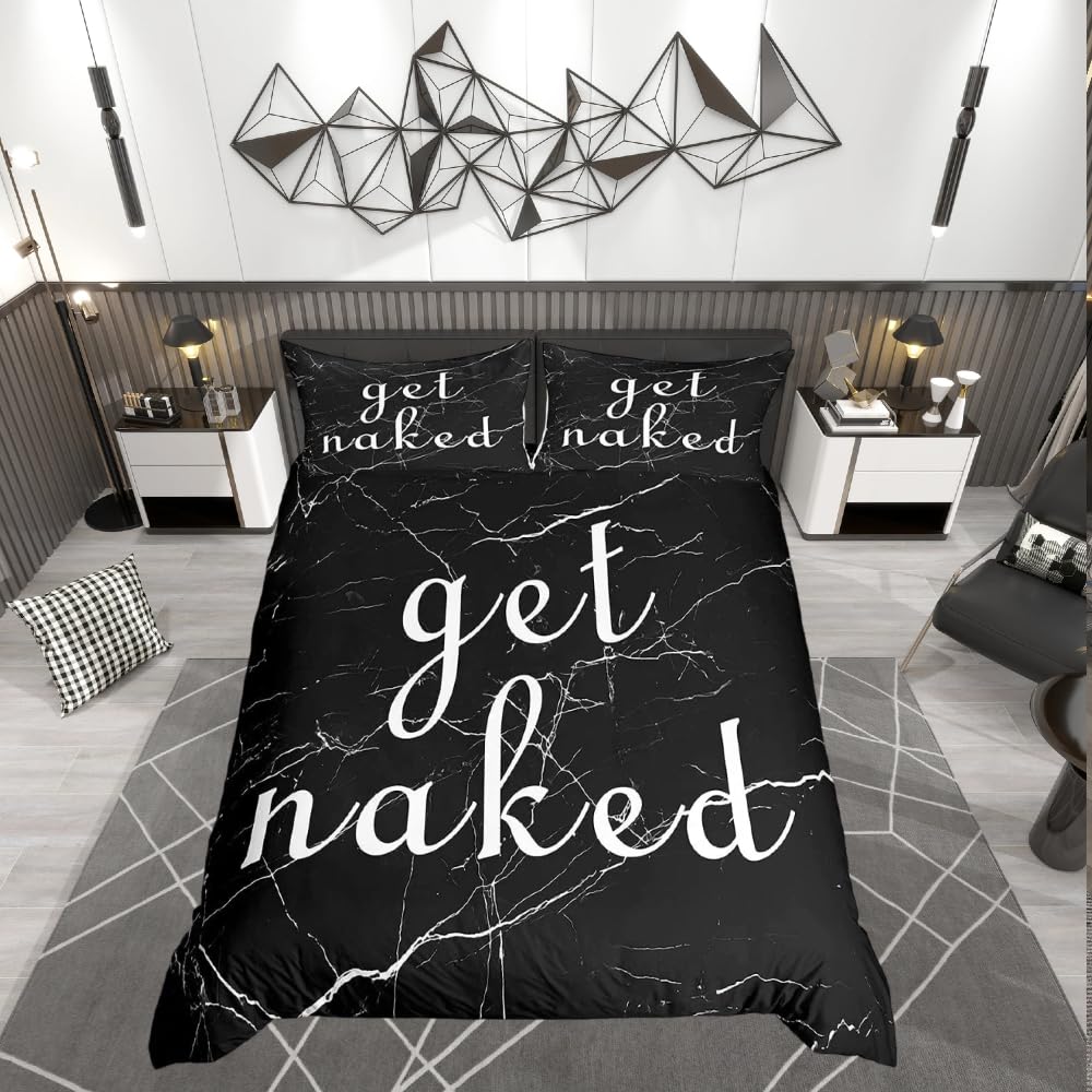 Loussiesd Get Naked Duvet Cover Black and White Marble Texture Comforter Cover Funny Quotes Bedding Set For Couple Lover Men Women Modern Fashion Bedding & Linen Ultra Soft Double Bedclothes — image 1
