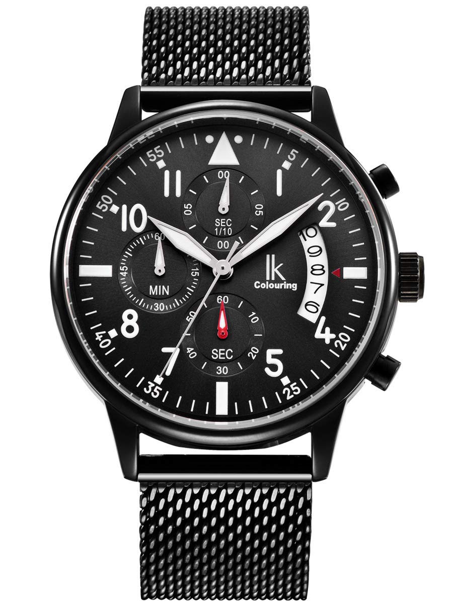 Alienwork Watch Men Women Black Metal Mesh Strap Calendar Date