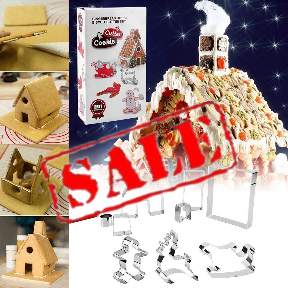 KeepingcooX 3D Christmas Gingerbread House Cookie Cutter Set (13.7 x 10 x 9.8 cm) - Sleigh, Elk/Elk, Gingerbread Man, Christmas Tree, Santa Claus, Holiday Cutouts Cutters Kit - Gift Box