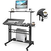 Mobile Standing Desk, Adjustable Rolling Computer Desk with 3 Desktops, Portable Laptop Table with Cup Holder, Home Office Laptop Workstation on Lockable Wheels, Black