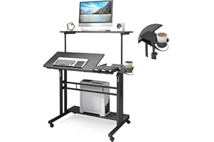 PANTA Mobile Standing Desk, Adjustable Rolling Computer Desk with 3 Desktops, Portable Laptop Table with Cup Holder, Home Office Laptop Workstation on Lockable Wheels, Black