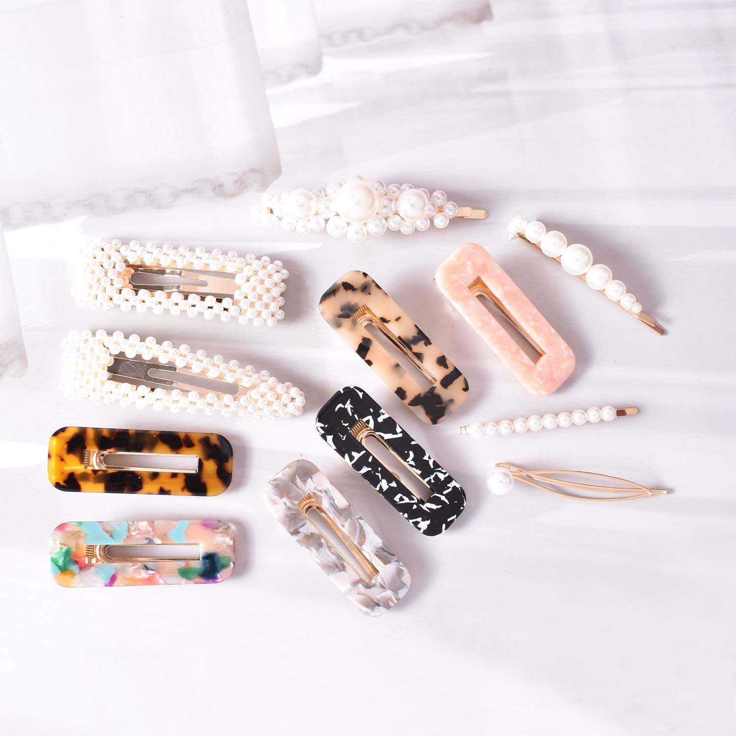 Pearl Hair Clips Hair Accessories No Slip Hair Styling Tools (12 Pcs) Artificial Fashion Geometric Handmade Acrylic Resin and Metal Hair Barrettes for Girls Women Ladies Hairpins for Wedding Party