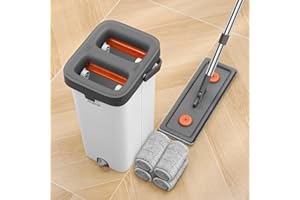 JUDRDO Mop and Bucket with Wringer Set, Flat Mop Bucket Set with 4 Washable Microfiber Pads, Wet and Dry Mop with Long Handle，Wall Cleaner for All Floor Types and Windows