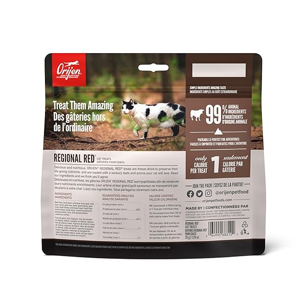 ORIJEN FREEZE DRIED CAT TREATS GRAIN FREE HIGH PROTEIN RAW ANIMAL INGREDIENTS REGIONAL RED 1.25OZ BAG