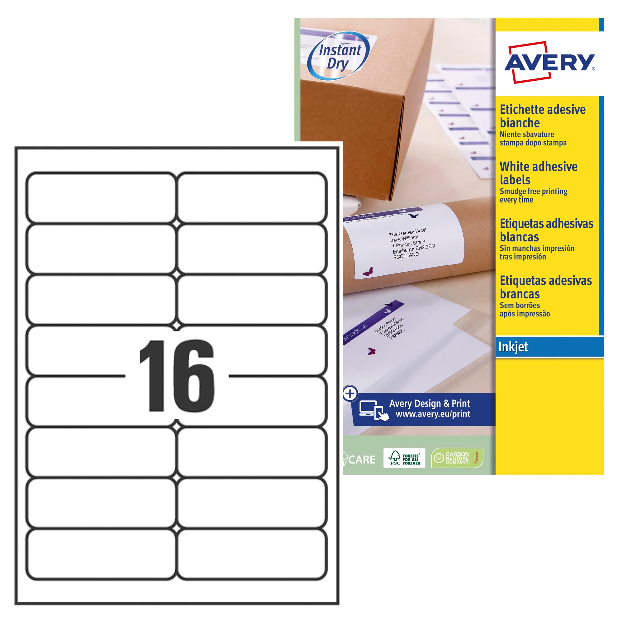 Avery Smudge Free, Printable, Multi Purpose Labels, Quickdry, 99.1 x 33.9 mm, White, 16 Labels per Sheet, 400 Blank Labels per Pack (J8162-25)