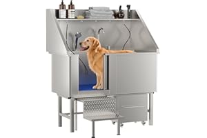LOVMOR 50" Dog Washing Station, 304 Stainless Steel Pet Grooming Tub with Faucet, Sprayer, Adjustable Height Platform, Entry Step, Storage Shelf & Bin for Large Dogs