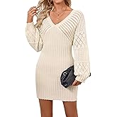 Libsorge Womens Oversized Sexy V Neck Crochet Knit Sweater Dress Spring 2025 Trendy Ladies Dressy Casual Outfits Hollow Out Long Sleeve Wedding Guest Formal Cocktail Prom Mini Dress Khaki S