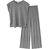 Ekouaer Lounge Sets for Women Two Piece Outfits Knit Cap Sleeve Tops Wide Leg Pleated Pants Casual Dressy Sweater Sets