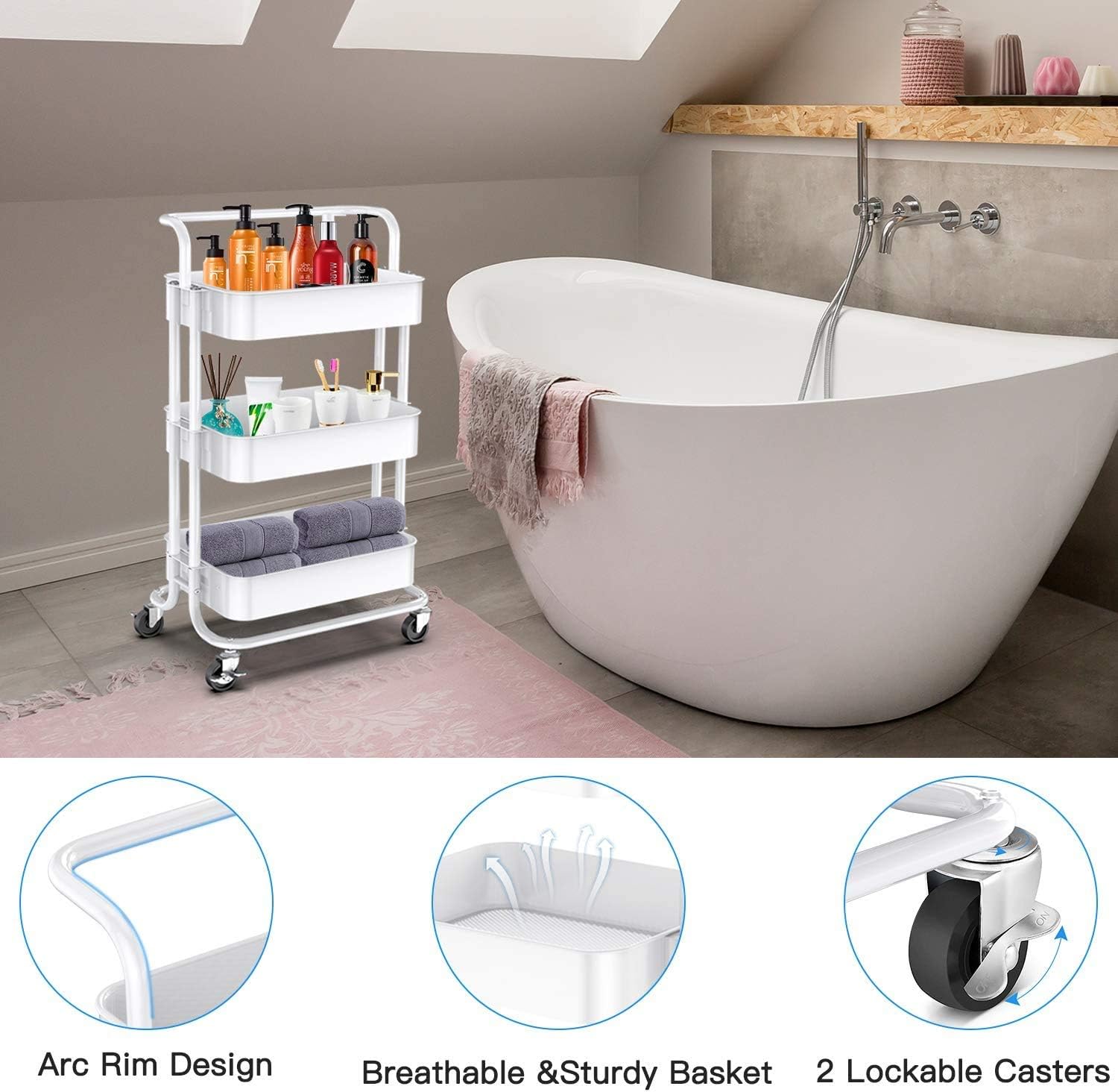 Pipishell 3-Tier Rolling Utility Cart, Multifunctional Metal Organization Storage Cart with 2 Lockable Wheels for Office, Home, Kitchen, Bedroom, Bathroom, Laundry Room (White): Home & Kitchen