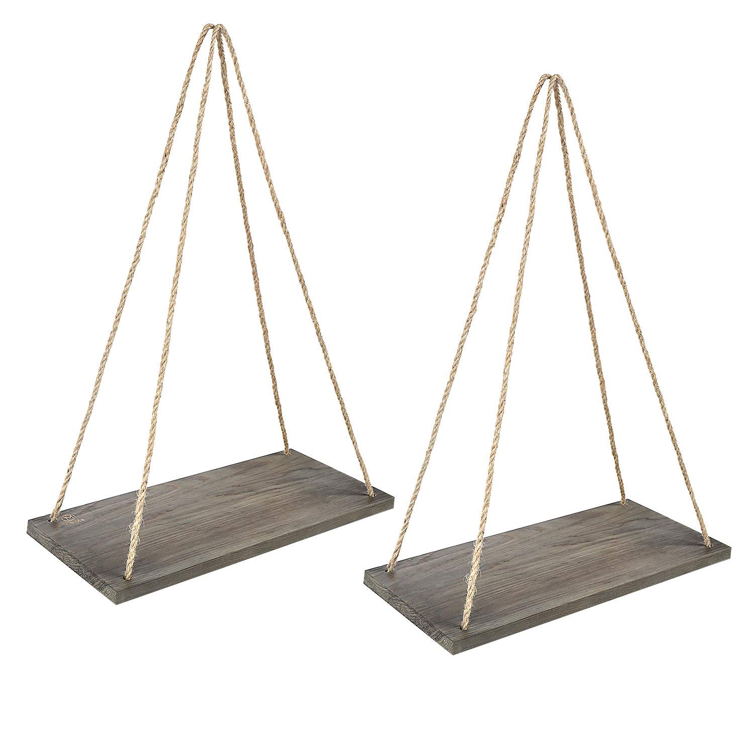 Y&ME Wood Rope Hanging Floating Shelves Set of 2, Rustic Wall Hanging Shelf with 4 Hooks,Wood Hanging Shelf for Living Room Bedroom Bathroom and Kitchen 17\