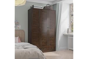 MOUMON 3 Shutter Door Wardrobe Armoire Closet with Shelves and 3 Drawers, Armoire Wardrobe Closet with Hanging Rod, for Bedroom Brown (44.3”W x 19”D x 70.9”H)