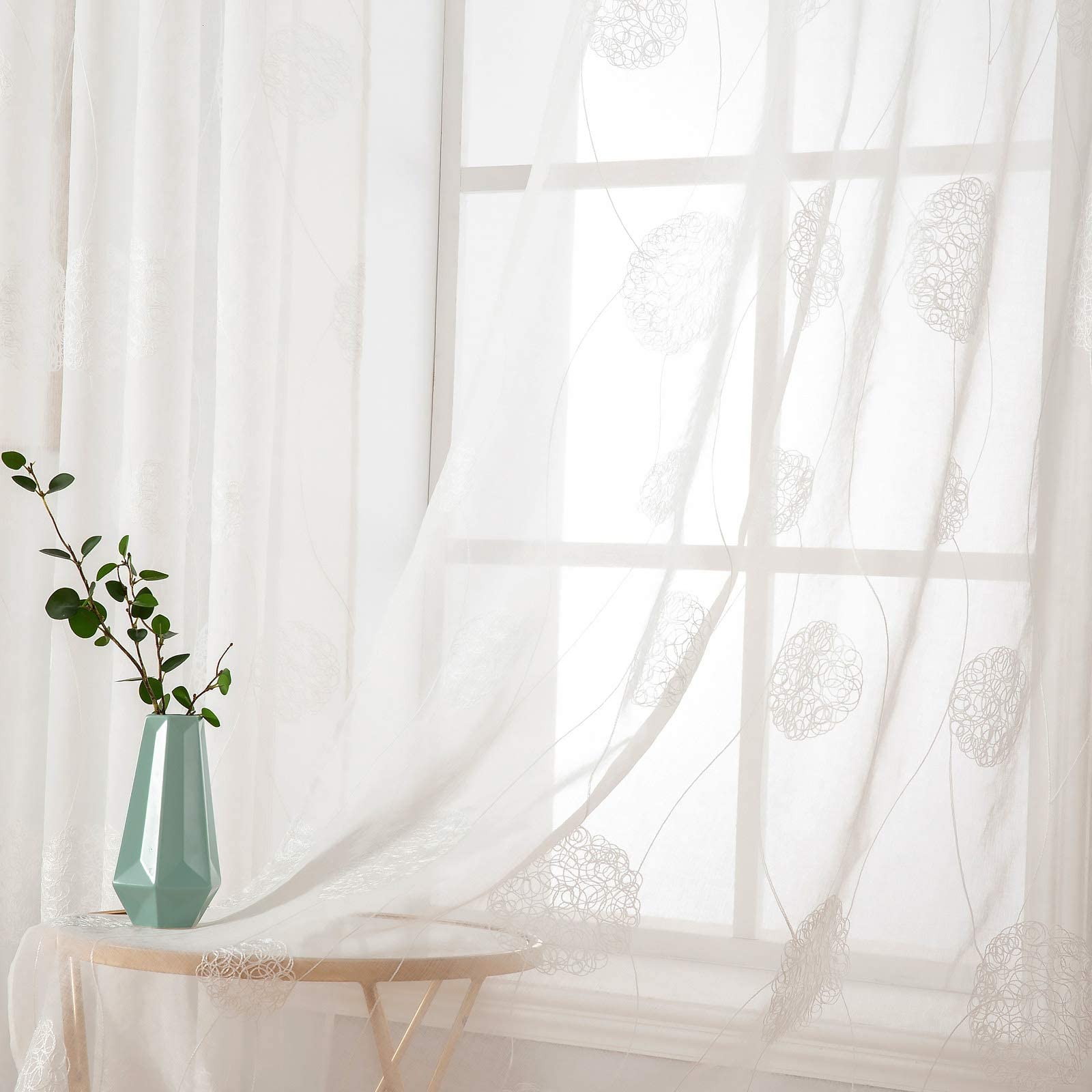 MIULEE Embroidery Sheer Curtains Decoration Flora Design Grommet Window Curtain Semi Voile Drapes with Eyelets Window Treatments for Living Room Bedroom 2 Panels 55" W x 96" L White