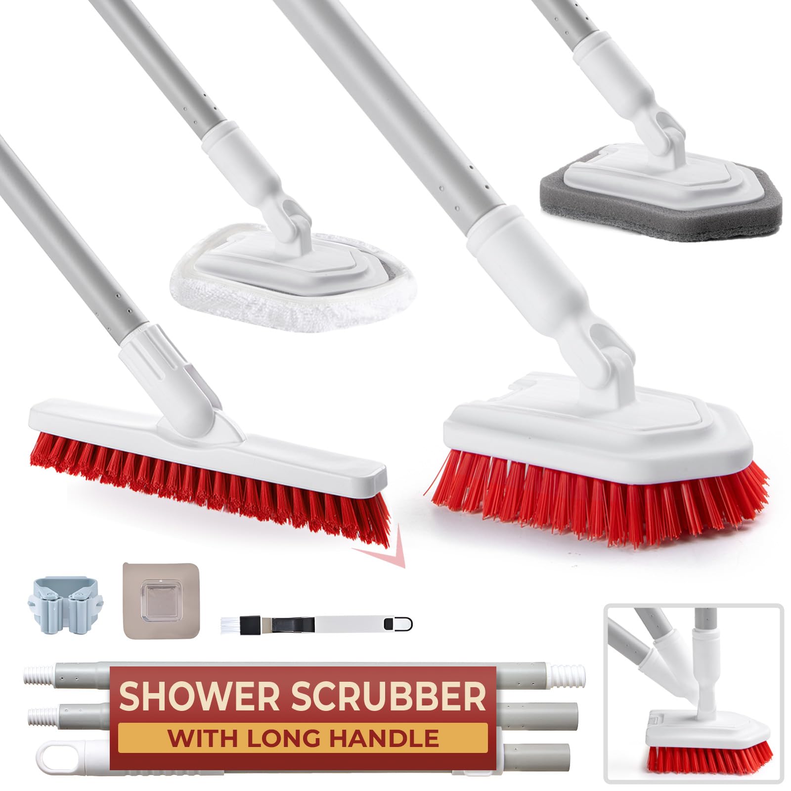 Shower Scrubber with Long Handle, Stiff Bristles