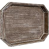 Wooden Decorative Tray, Rustic Serving Tray with Wood Bead, Farmhouse Big Tray for Ottoman, Countertop, Coffee Tabl, 16.5" x 13"x 1.6" (Retro Brown)