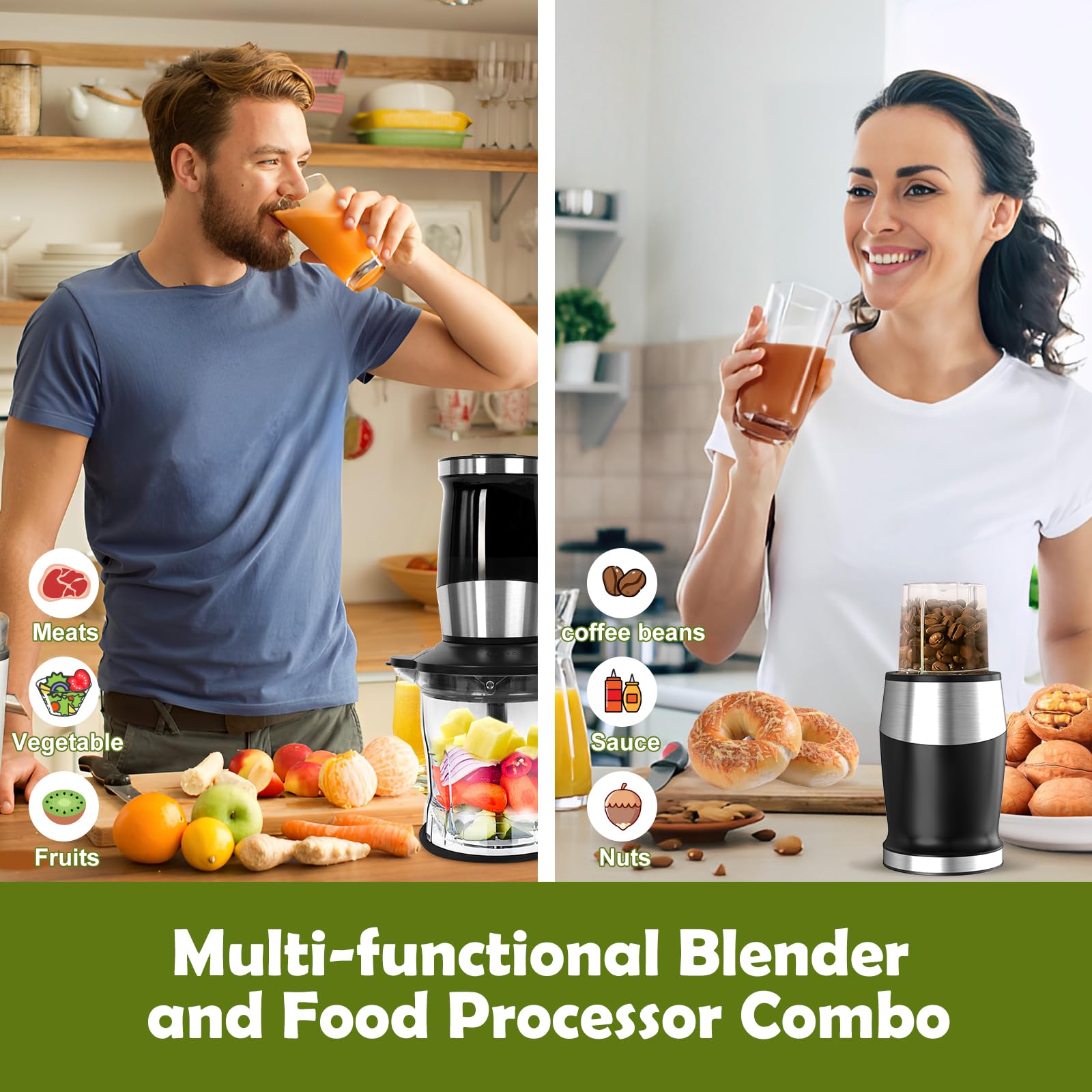 Goelunmy Combo de licuadora y procesador de alimentos, licuadora para batidos y batidos, licuadora personal pequeña, apta para cocina, hogar, licuadora eléctrica de 700 W con batidora/licuadora/picadora