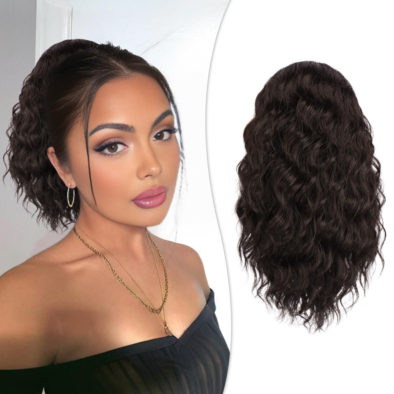 RUWISS Curly Drawstring Ponytail Extension for Black Women,12 inch Dark Brown Afro Kinky Ponytail Synthetic Hairpiece for Daily Party Use — image 1