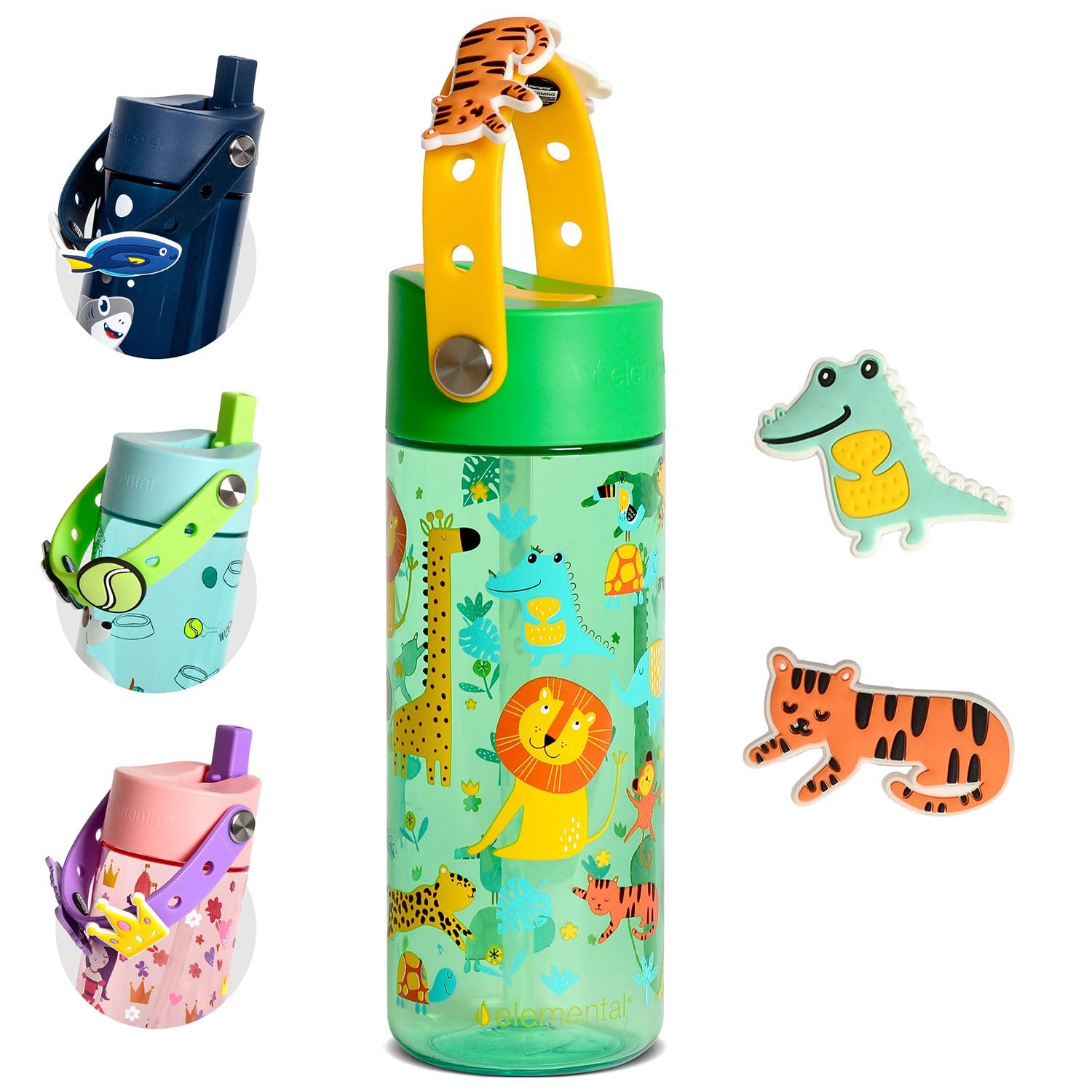 Photo 1 of Elemental Water Bottles for Kids - Splash Kids Water Bottle for School with Fun Charm Handle - BPA Free Tritan Plastic Bottle with Straw Leak Proof When Spout is Closed - 18oz - Jungle Friend