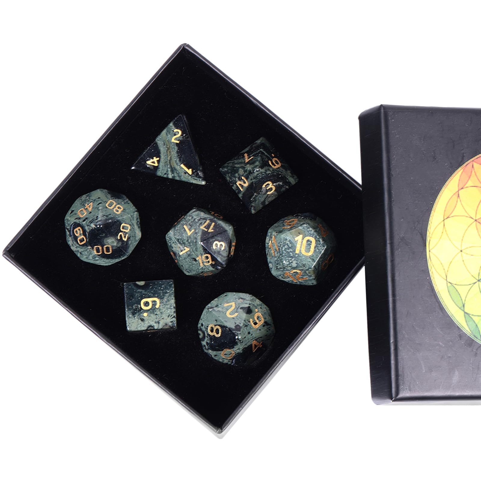 Nupuyai 7pcs Kambaba Jasper Crystal Polyhedral DND Dice Set for RPG MTG Table Games, Polished Tumbled Stones Dices with Box for Home Decor