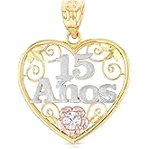 Ioka - 14K Tri Color Gold Sweet 15 Years Quinceanera Heart Charm Tiny Pendant For Necklace or Chain
