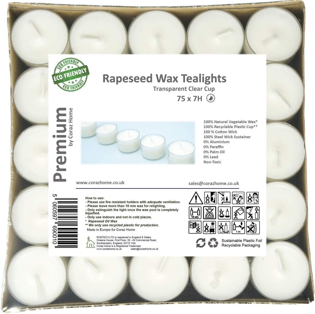 Pack of 75 Premium Natural Tealights, 7-Hour Burn Time Each Tea Light, 100% Rapeseed White Wax