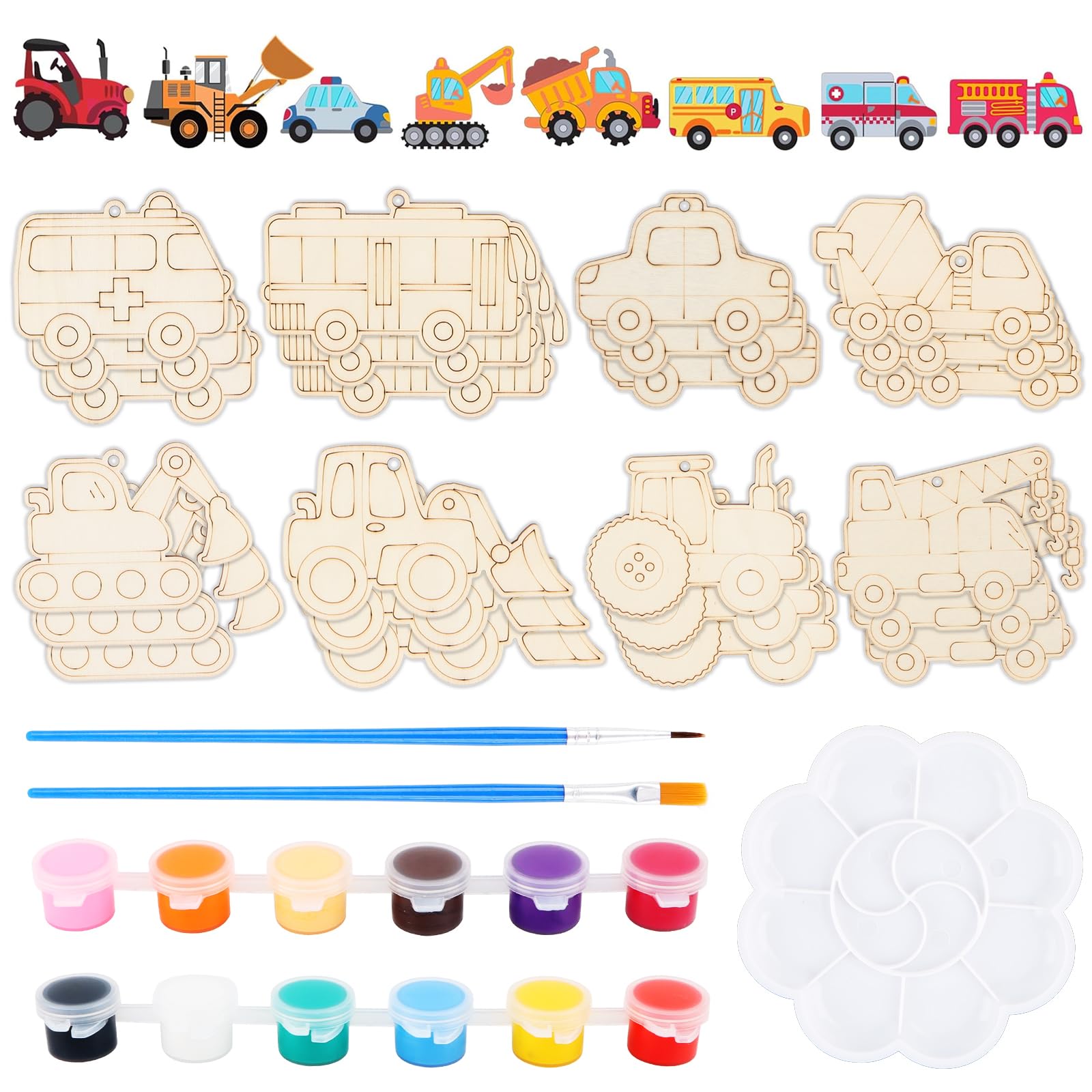 Fonyet Wooden Car Craft Set for Children 29 Pieces DIY Crafts with Colours and Brushes, Construction Vehicle, Ages 4+