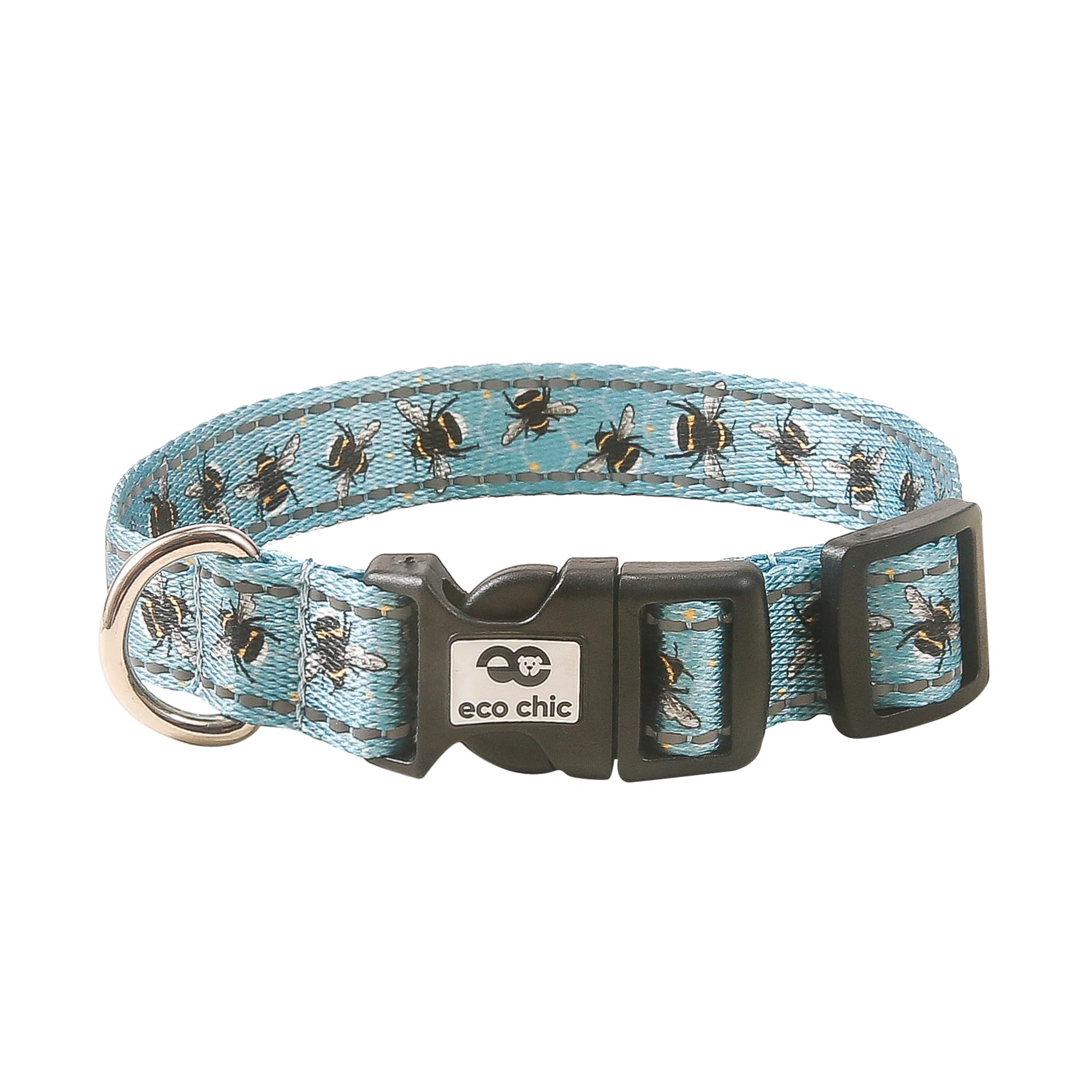 Eco Chic Recycled Reflective Dog Collar Soft Adjustable Pet Collar with Quick Release Buckle (Bumble Bees Blue Small)