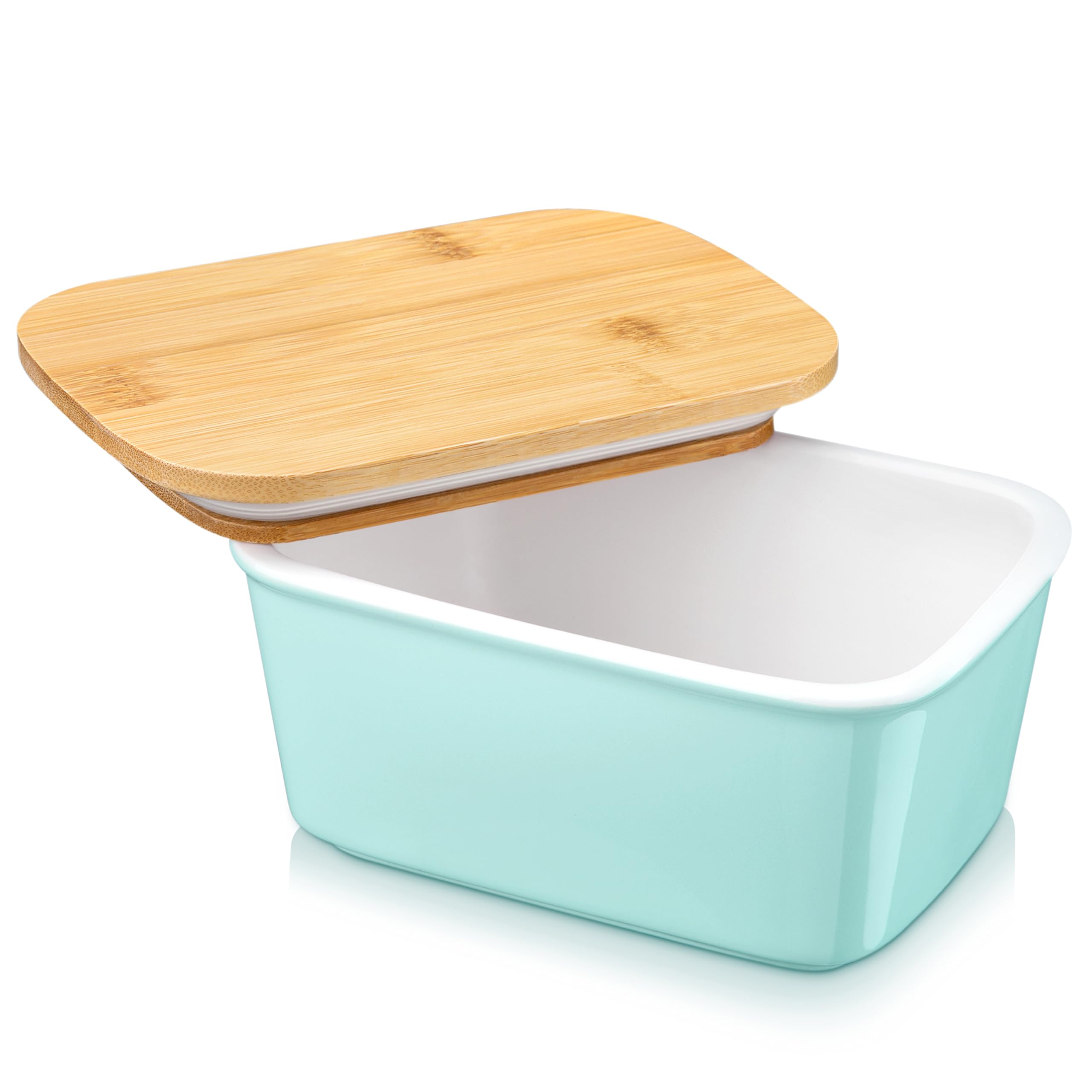 LOVECASA Butter Dish, Porcelain Butter Container with Wooden Bamboo Lid, French Butter Dish,Removable Silicone Seal, 500ml Blue