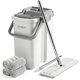 JOYMOOP Flat Mop System, Microfiber Mop and Bucket Set, White, Household &amp; Commercial Floor Cleaning Mop with Long Handle, Hands-Free Cleaning System
