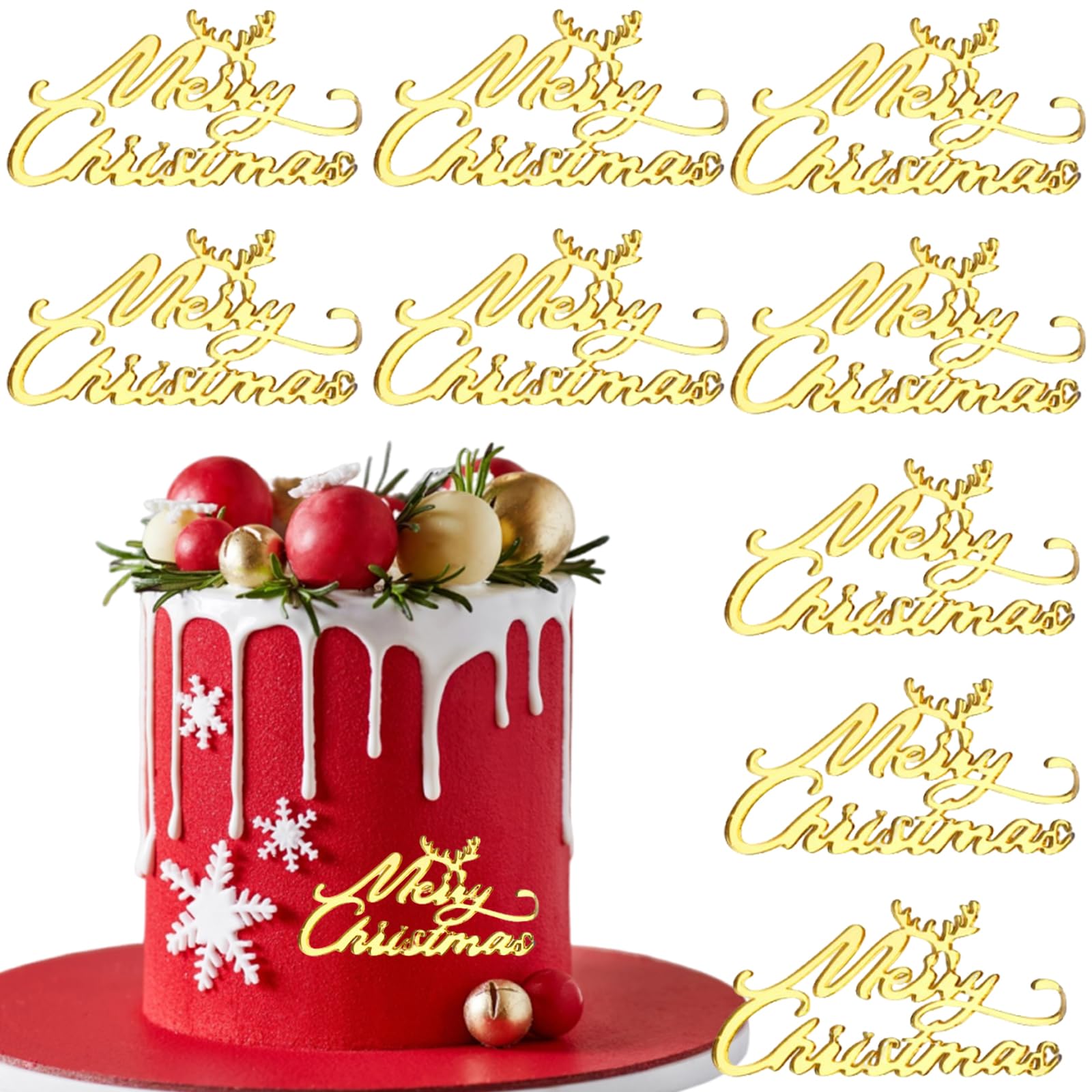 Photo 1 of 10 Pcs Christmas Cake Toppers Mirror Gold Acrylic Cupcake Topper Cake Decorations Elk Merry Christmas Cake Topper for Xmas Winter Holiday DIY Party Dessert Decoration
