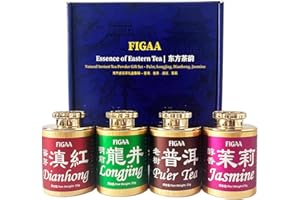 FIGAA Premium Concentrated Instant Tea Gift Set, 4 Flavors, Hot or Iced Tea Mix Powder—Unsweetened, No Additives, 100% Natural Pure Leaf Extract (Black/Green/Jasmine/Pu-erh) For Energy & Focus, Brain Health, Skin, Immunity, Promote Metabolism. 200-400 Cups【Under $0.09/cup】, Quick-dissolve, Fast brew, Classic Chinese Teas, Quik ice tea