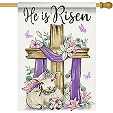 Covido He is Risen Easter Christian Decorative House Flag, Religious Cross Lamb Lily Flower Garden Yard Outside Decorations, Spring Leaves Butterfly Outdoor Large Home Decor Double Sided 28 x 40