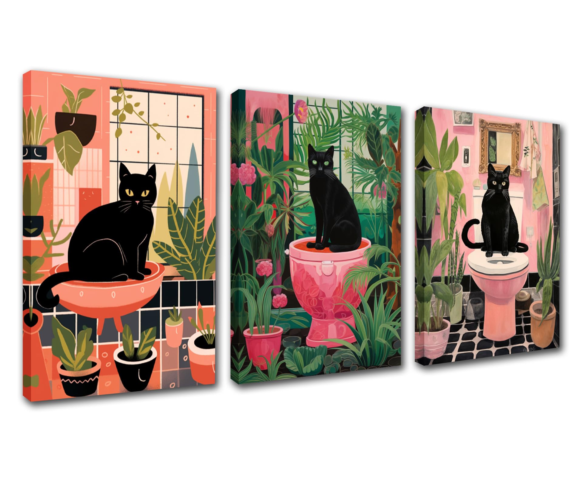 Pink Bathroom Animals Canvas Wall Art for Living Room Decor 3 Pieces Black Cat on the Toilet Wall Decor Artwork Lovely Bathroom Kitten Potted Plant Paintings Home Room Wall Pictures Framed 42''Wx20''H