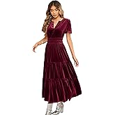 R.Vivimos Women's Fall Winter Vintage Velvet Dress Short Sleeve V Neck Elastic Waist Tiered Ruffle A-Line Flowy Maxi Dress